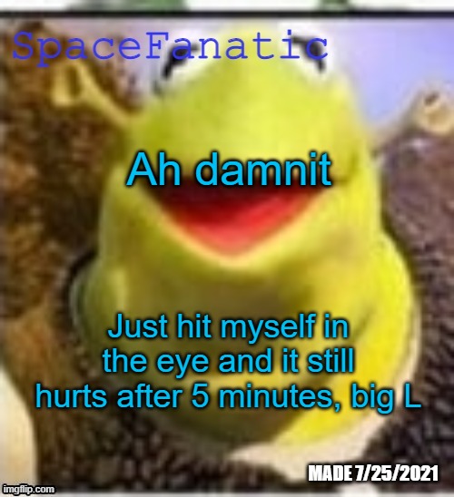Ye Olde Announcements | Ah damnit; Just hit myself in the eye and it still hurts after 5 minutes, big L | image tagged in spacefanatic announcement temp | made w/ Imgflip meme maker