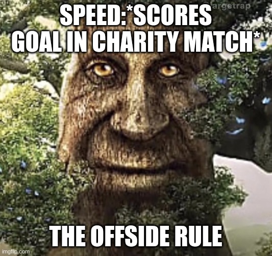 wise mystical tree | SPEED:*SCORES GOAL IN CHARITY MATCH*; THE OFFSIDE RULE | image tagged in wise mystical tree | made w/ Imgflip meme maker