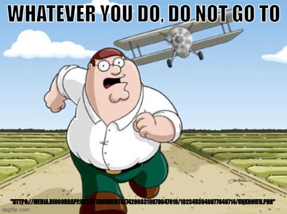 . | WHATEVER YOU DO, DO NOT GO TO; "HTTPS://MEDIA.DISCORDAPP.NET/ATTACHMENTS/742908310679847016/1023453040977649714/UNKNOWN.PNG" | image tagged in peter griffin running away from a plane | made w/ Imgflip meme maker