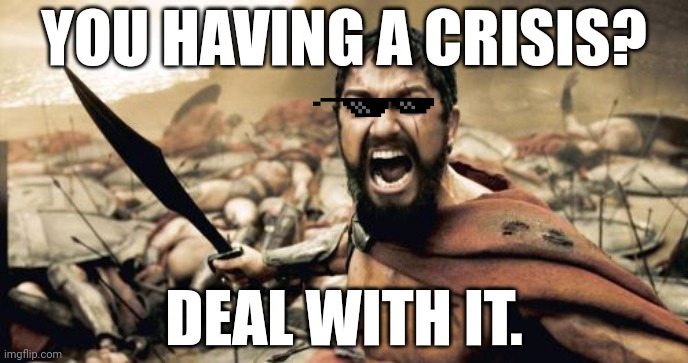 You having a crisis? DEAL WITH IT. | YOU HAVING A CRISIS? DEAL WITH IT. | image tagged in memes,sparta leonidas | made w/ Imgflip meme maker
