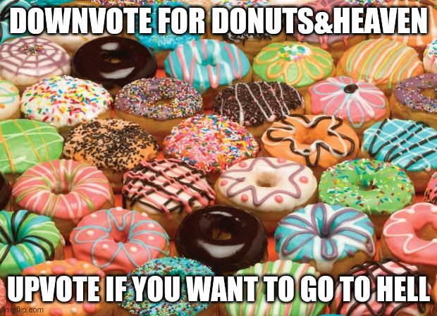 isn't a upvote begging. | DOWNVOTE FOR DONUTS&HEAVEN; UPVOTE IF YOU WANT TO GO TO HELL | image tagged in donuts | made w/ Imgflip meme maker