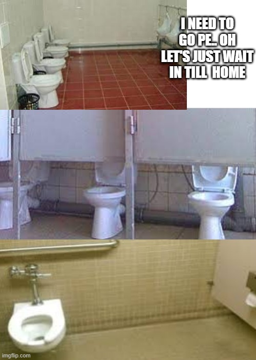 i need to go pe...e | I NEED TO GO PE.. OH LET'S JUST WAIT IN TILL  HOME | image tagged in you had one job,pee,toilet | made w/ Imgflip meme maker