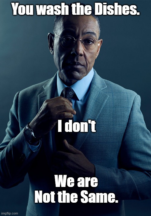 We are not the same | You wash the Dishes. I don't; We are Not the Same. | image tagged in gus fring we are not the same | made w/ Imgflip meme maker