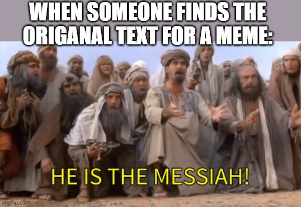 HE IS THE MESSIAH but 1 panel | WHEN SOMEONE FINDS THE ORIGANAL TEXT FOR A MEME: | image tagged in he is the messiah but 1 panel | made w/ Imgflip meme maker
