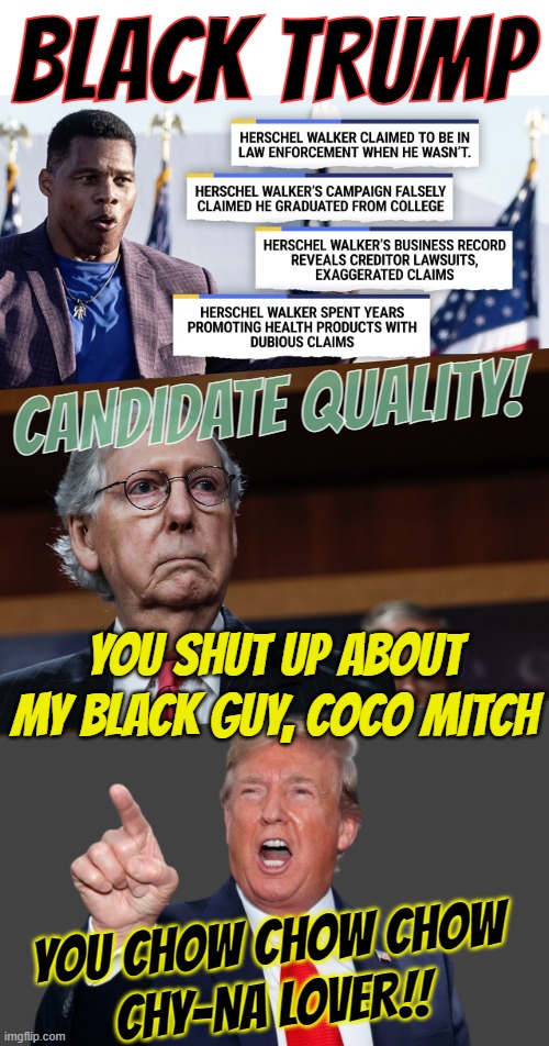 1 TRUMP 2 TRUMP BLACK TRUMP ORANGE TRUMP and coco mitch LOL! | BLACK TRUMP; CANDIDATE QUALITY! YOU SHUT UP ABOUT MY BLACK GUY, COCO MITCH; YOU CHOW CHOW CHOW
CHY-NA LOVER!! | image tagged in mitch mcconnell meme,coco,mr chow,chaos,black man,trump | made w/ Imgflip meme maker