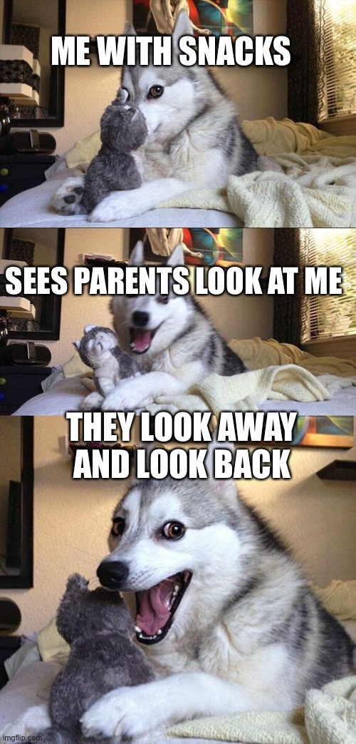 Who has this happened to? | ME WITH SNACKS; SEES PARENTS LOOK AT ME; THEY LOOK AWAY AND LOOK BACK | image tagged in memes,bad pun dog | made w/ Imgflip meme maker