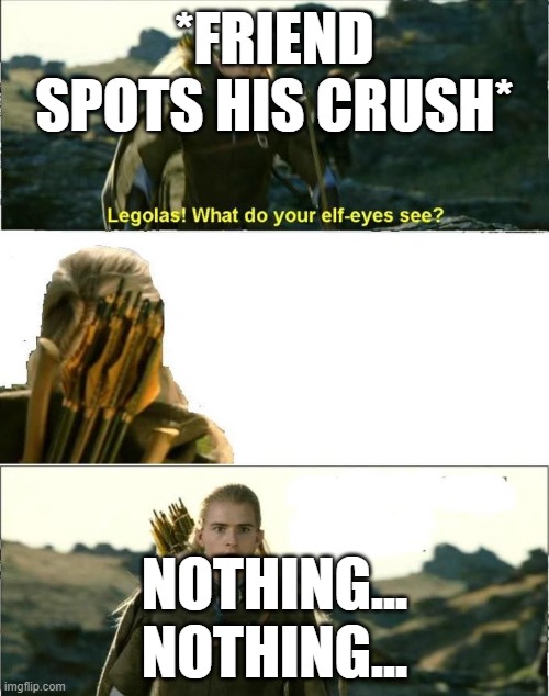 Legolas Elf Eyes | *FRIEND SPOTS HIS CRUSH*; NOTHING... NOTHING... | image tagged in legolas elf eyes | made w/ Imgflip meme maker