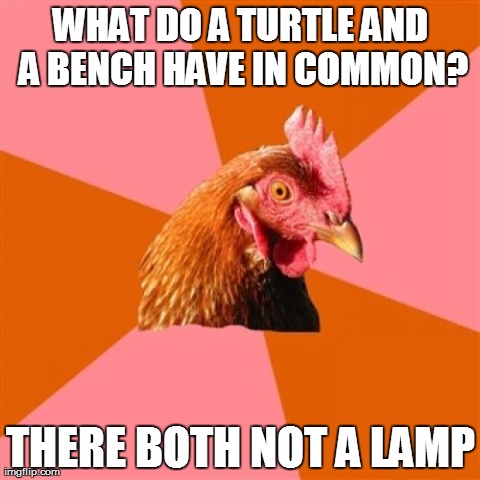 Anti Joke Chicken | WHAT DO A TURTLE AND A BENCH HAVE IN COMMON? THERE BOTH NOT A LAMP | image tagged in memes,anti joke chicken | made w/ Imgflip meme maker