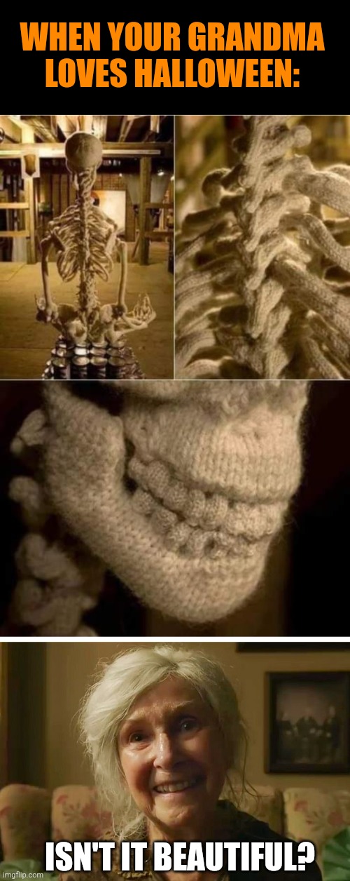 CREEPY CROCHET | WHEN YOUR GRANDMA LOVES HALLOWEEN:; ISN'T IT BEAUTIFUL? | image tagged in skeleton,crochet,grandma,spooktober | made w/ Imgflip meme maker