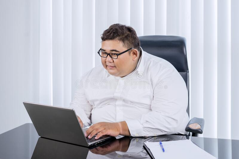 Fat businessman laptop computer asian glasses Blank Meme Template