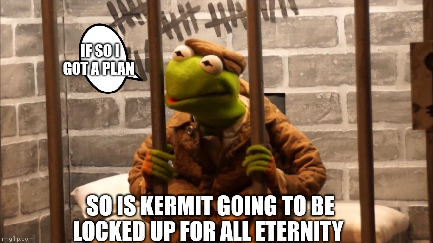 Kermit's got a plan | IF SO I GOT A PLAN; SO IS KERMIT GOING TO BE LOCKED UP FOR ALL ETERNITY | image tagged in kermit in jail,funny memes | made w/ Imgflip meme maker