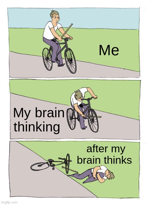 Me being dumb | Me; My brain thinking; after my brain thinks | image tagged in memes,bike fall | made w/ Imgflip meme maker