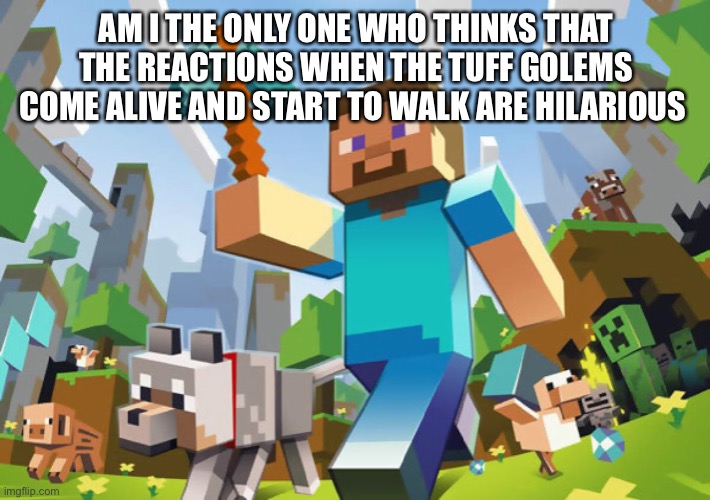 Minecraft  | AM I THE ONLY ONE WHO THINKS THAT THE REACTIONS WHEN THE TUFF GOLEMS COME ALIVE AND START TO WALK ARE HILARIOUS | image tagged in minecraft | made w/ Imgflip meme maker