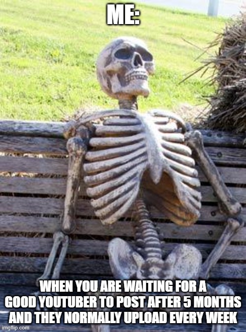 So True | ME:; WHEN YOU ARE WAITING FOR A GOOD YOUTUBER TO POST AFTER 5 MONTHS AND THEY NORMALLY UPLOAD EVERY WEEK | image tagged in memes,waiting skeleton | made w/ Imgflip meme maker