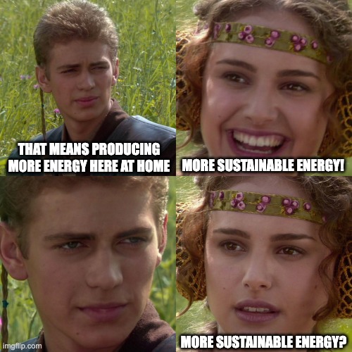 Anakin Padme 4 Panel | THAT MEANS PRODUCING MORE ENERGY HERE AT HOME; MORE SUSTAINABLE ENERGY! MORE SUSTAINABLE ENERGY? | image tagged in anakin padme 4 panel,liz truss,conservatives,tories,sustainable,revewable | made w/ Imgflip meme maker