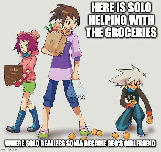 Solo With Sonia and Hope | HERE IS SOLO HELPING WITH THE GROCERIES; WHERE SOLO REALIZES SONIA BECAME GEO'S GIRLFRIEND | image tagged in megaman,megaman star force,solo,sonia strumm,hope stelar,memes | made w/ Imgflip meme maker