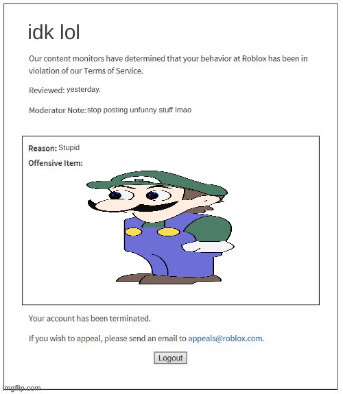 ok. | idk lol; yesterday. stop posting unfunny stuff lmao; Stupid | image tagged in moderation system,unfunny,roblox,banned from roblox,weegee,mario | made w/ Imgflip meme maker