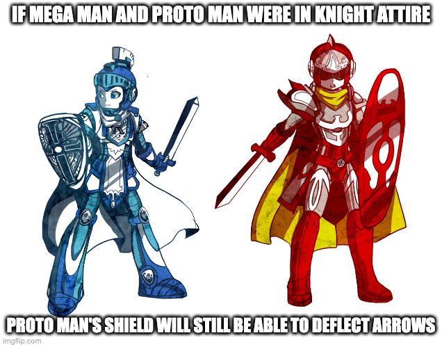 Sir Rock and Sir Blues | IF MEGA MAN AND PROTO MAN WERE IN KNIGHT ATTIRE; PROTO MAN'S SHIELD WILL STILL BE ABLE TO DEFLECT ARROWS | image tagged in megaman,knight,memes | made w/ Imgflip meme maker