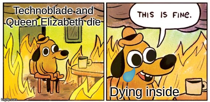 Dying inside | Technoblade and Queen Elizabeth die; Dying inside | image tagged in memes,this is fine | made w/ Imgflip meme maker