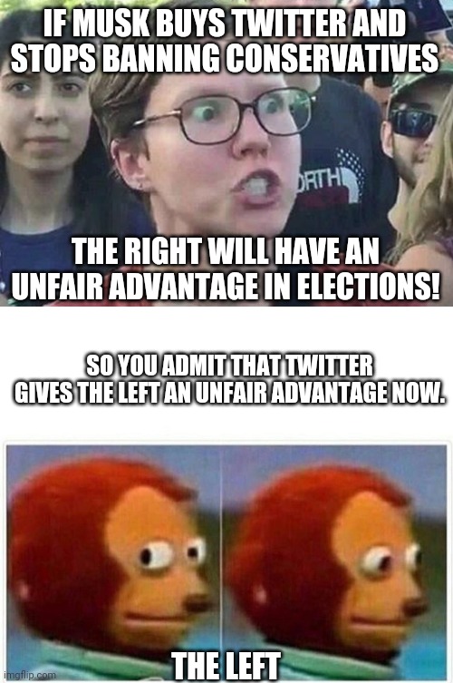 They know it, but will say it is about protecting people | IF MUSK BUYS TWITTER AND STOPS BANNING CONSERVATIVES; THE RIGHT WILL HAVE AN UNFAIR ADVANTAGE IN ELECTIONS! SO YOU ADMIT THAT TWITTER GIVES THE LEFT AN UNFAIR ADVANTAGE NOW. THE LEFT | image tagged in triggered liberal,memes,monkey puppet | made w/ Imgflip meme maker