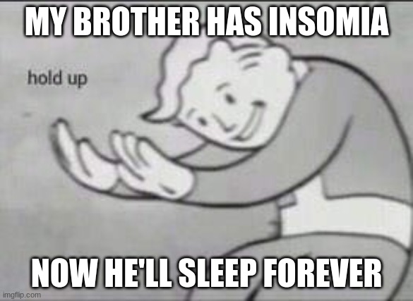 Fallout Hold Up | MY BROTHER HAS INSOMIA; NOW HE'LL SLEEP FOREVER | image tagged in fallout hold up | made w/ Imgflip meme maker