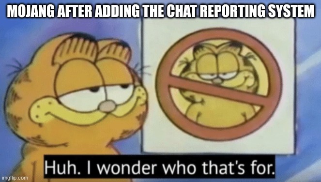 Garfield wonders | MOJANG AFTER ADDING THE CHAT REPORTING SYSTEM | image tagged in garfield wonders | made w/ Imgflip meme maker