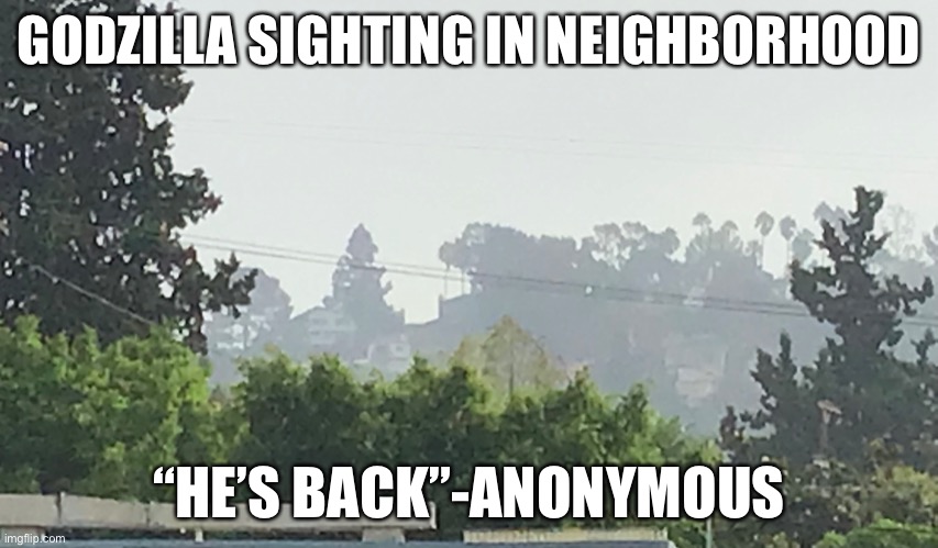 Can’t think of good title | GODZILLA SIGHTING IN NEIGHBORHOOD; “HE’S BACK”-ANONYMOUS | image tagged in godzilla | made w/ Imgflip meme maker