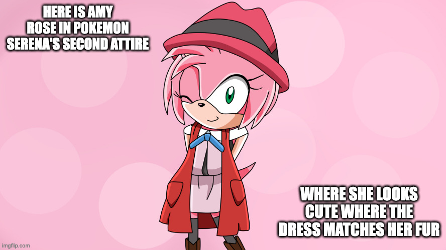 Amy Rose in Kalos Serena's Second Attire | HERE IS AMY ROSE IN POKEMON SERENA'S SECOND ATTIRE; WHERE SHE LOOKS CUTE WHERE THE DRESS MATCHES HER FUR | image tagged in amy rose,serena,pokemon,cosplay,sonic the hedgehog,memes | made w/ Imgflip meme maker