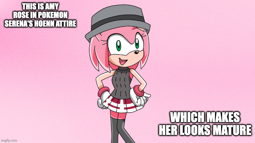 Amy Rose in Hoenn Serena's Second Attire | THIS IS AMY ROSE IN POKEMON SERENA'S HOENN ATTIRE; WHICH MAKES HER LOOKS MATURE | image tagged in pokemon,serena,amy rose,cosplay,sonic the hedgehog,memes | made w/ Imgflip meme maker