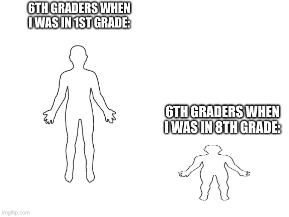 Blank White Template | 6TH GRADERS WHEN I WAS IN 1ST GRADE: 6TH GRADERS WHEN I WAS IN 8TH GRADE: | image tagged in blank white template | made w/ Imgflip meme maker