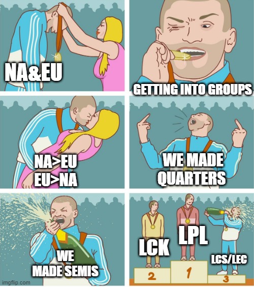 3rd Place Celebration | NA&EU; GETTING INTO GROUPS; WE MADE QUARTERS; NA>EU EU>NA; LPL; LCK; WE MADE SEMIS; LCS/LEC | image tagged in 3rd place celebration | made w/ Imgflip meme maker