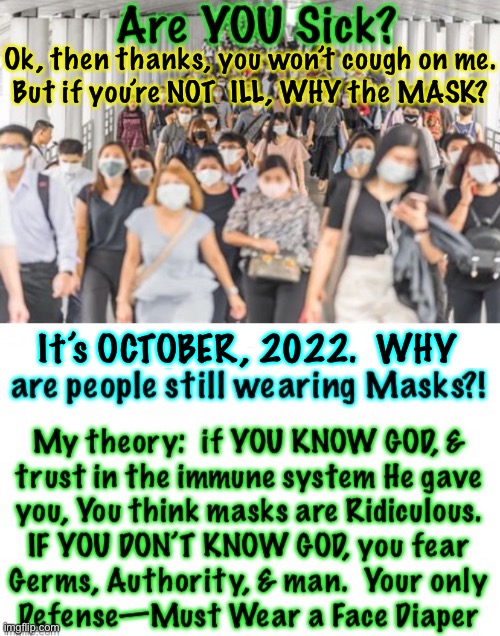 WE know that You Don’t Know.  Why don’t You know? | Ok, then thanks, you won’t cough on me.
But if you’re NOT  ILL, WHY the MASK? It’s OCTOBER, 2022.  WHY | image tagged in memes,these things are silly,why do u play this game,masks do nothing to protect anyone,they just advertise that u r a fool | made w/ Imgflip meme maker
