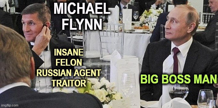 Michael Flynn and Vladimir Putin | MICHAEL FLYNN; INSANE
FELON
RUSSIAN AGENT
TRAITOR; BIG BOSS MAN | image tagged in michael flynn and vladimir putin,michael flynn,insane,felon,russian agent,traitor | made w/ Imgflip meme maker