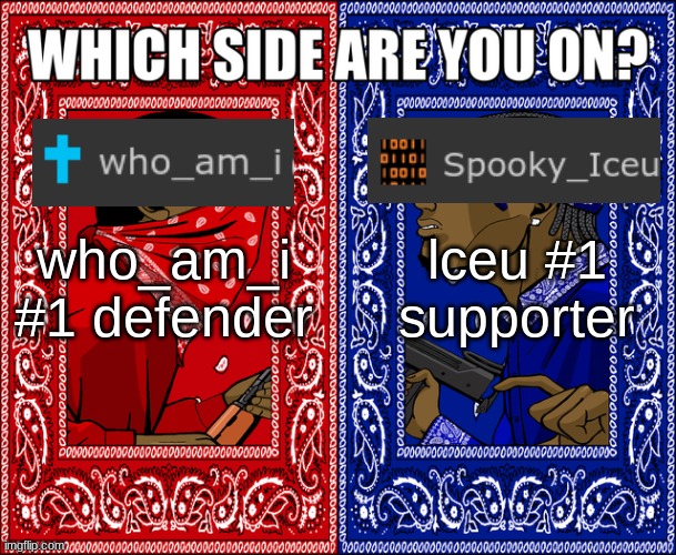 do you want lceu to be #1 or who_am_i to stay #1 | lceu #1 supporter; who_am_i #1 defender | image tagged in which side are you on | made w/ Imgflip meme maker