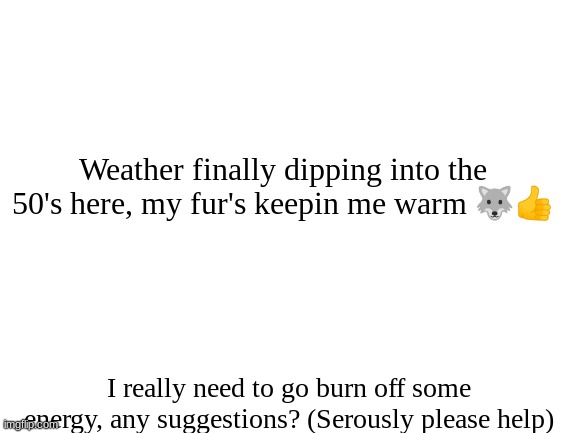 ❄ It's cold, and I'm happy for my fluff ❄ | Weather finally dipping into the 50's here, my fur's keepin me warm 🐺👍; I really need to go burn off some energy, any suggestions? (Serously please help) | image tagged in blank white template,finally | made w/ Imgflip meme maker