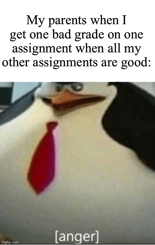 Why | My parents when I get one bad grade on one assignment when all my other assignments are good: | image tagged in anger,school,grades,bad grades,school meme,parents | made w/ Imgflip meme maker