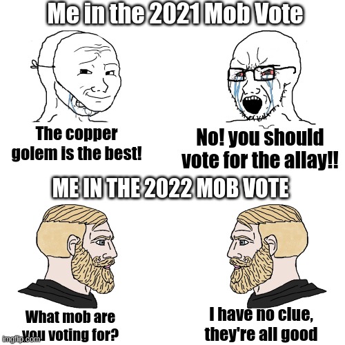 I don't know who to vote | Me in the 2021 Mob Vote; The copper golem is the best! No! you should vote for the allay!! ME IN THE 2022 MOB VOTE; I have no clue, they're all good; What mob are you voting for? | image tagged in crying wojak / i know chad meme,minecraft,minecraft live | made w/ Imgflip meme maker