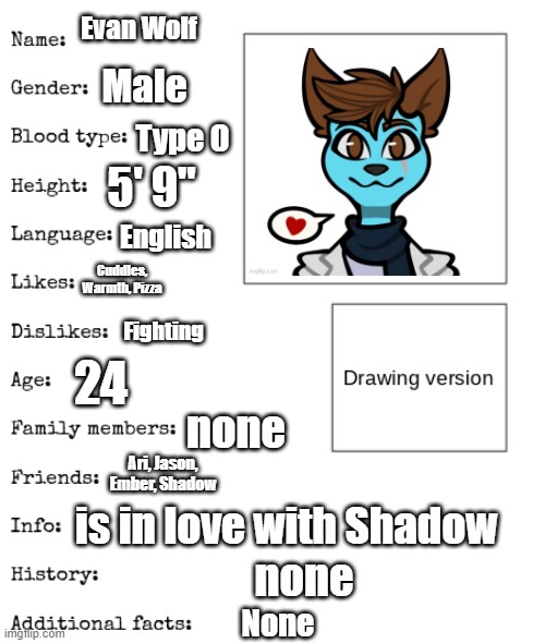 just a little oc info sheet i did | Evan Wolf; Male; Type O; 5' 9"; English; Cuddles, Warmth, Pizza; Fighting; 24; none; Ari, Jason, Ember, Shadow; is in love with Shadow; none; None | image tagged in oc template | made w/ Imgflip meme maker