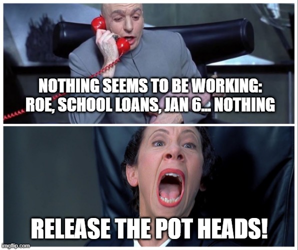 Good news, but... | NOTHING SEEMS TO BE WORKING: ROE, SCHOOL LOANS, JAN 6... NOTHING; RELEASE THE POT HEADS! | image tagged in dr evil and frau yelling,legalize weed,politics lol | made w/ Imgflip meme maker