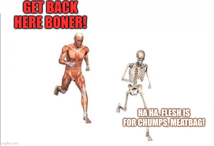 Get back here! | GET BACK HERE BONER! HA HA. FLESH IS FOR CHUMPS, MEATBAG! | image tagged in todo dia isso,this is not okie dokie,skeleton,running | made w/ Imgflip meme maker