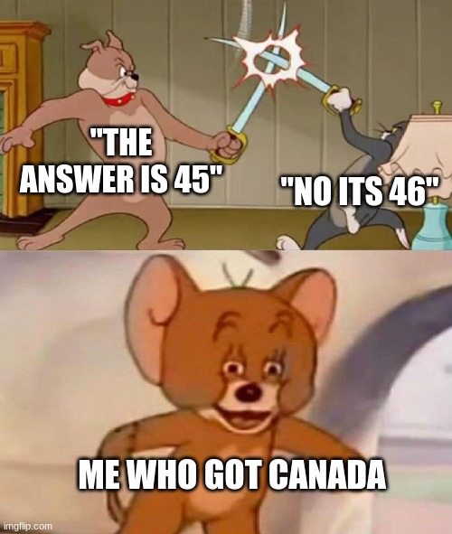 wait, but how? | "THE ANSWER IS 45"; "NO ITS 46"; ME WHO GOT CANADA | image tagged in tom and jerry swordfight,math | made w/ Imgflip meme maker