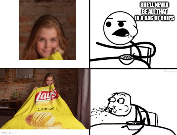 He Will Never | SHE'LL NEVER BE ALL THAT IN A BAG OF CHIPS | image tagged in he will never | made w/ Imgflip meme maker