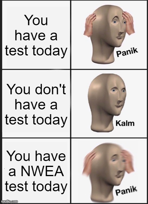 true doe | You have a test today; You don't have a test today; You have a NWEA test today | image tagged in memes,panik kalm panik | made w/ Imgflip meme maker