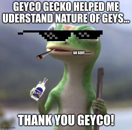 Geico Gecko | GEYCO GECKO HELPED ME UDERSTAND NATURE OF GEYS... SO SEXY.......... THANK YOU GEYCO! | image tagged in geico gecko | made w/ Imgflip meme maker