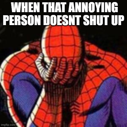 SOPPDAMAN | WHEN THAT ANNOYING PERSON DOESNT SHUT UP | image tagged in memes,sad spiderman,spiderman | made w/ Imgflip meme maker