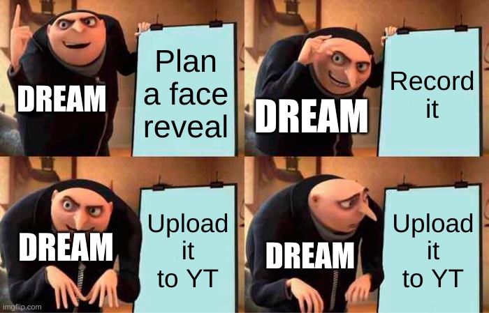 Ugli | Plan a face reveal; Record it; DREAM; DREAM; Upload it to YT; Upload it to YT; DREAM; DREAM | image tagged in memes,gru's plan | made w/ Imgflip meme maker