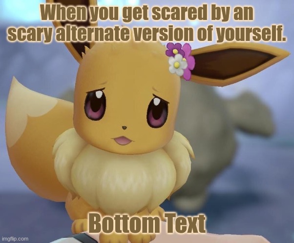 Scared Eevee | When you get scared by an scary alternate version of yourself. Bottom Text | image tagged in scared eevee,eevee,pokemon | made w/ Imgflip meme maker