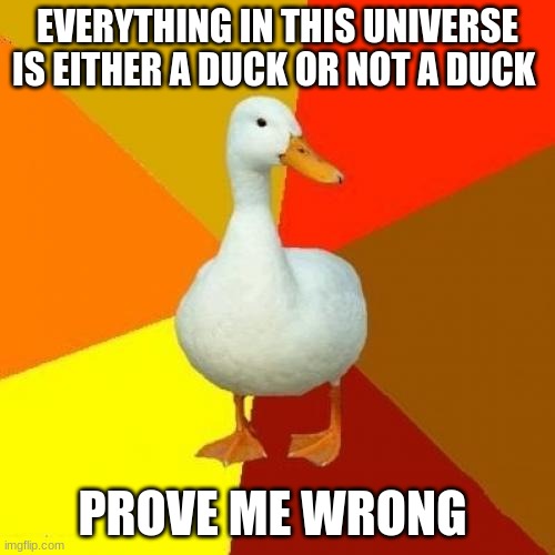 Prove me wrong | EVERYTHING IN THIS UNIVERSE IS EITHER A DUCK OR NOT A DUCK; PROVE ME WRONG | image tagged in memes,tech impaired duck | made w/ Imgflip meme maker