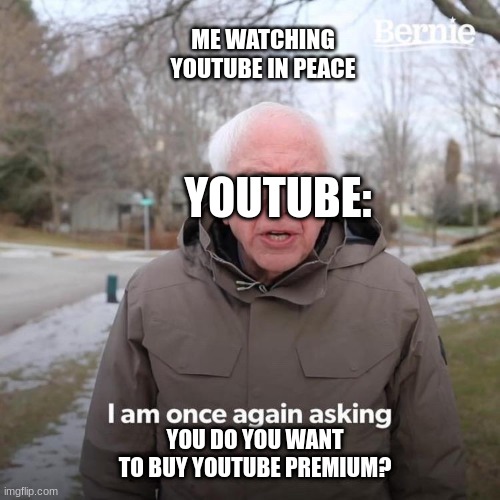 youtube be like: | ME WATCHING YOUTUBE IN PEACE; YOUTUBE:; YOU DO YOU WANT TO BUY YOUTUBE PREMIUM? | image tagged in memes,bernie i am once again asking for your support | made w/ Imgflip meme maker