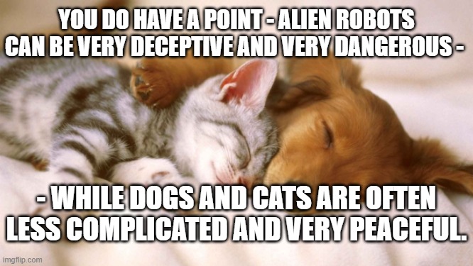 Dog And Cat Napping 2gether 4 | YOU DO HAVE A POINT - ALIEN ROBOTS CAN BE VERY DECEPTIVE AND VERY DANGEROUS - - WHILE DOGS AND CATS ARE OFTEN LESS COMPLICATED AND VERY PEAC | image tagged in cats and dogs sleeping together,canines and felines,dogs and cats,house pets,animals,creatures | made w/ Imgflip meme maker
